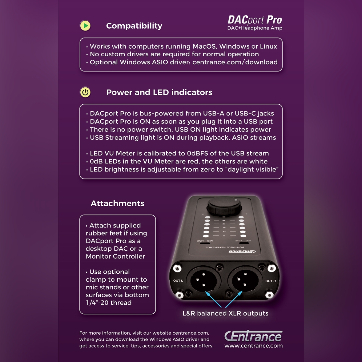 美國CEntrance – DACport Pro 專業級手提DSD解碼連耳擴| Type-C輸入 | 支援LINE/MIC XLR平衡輸出(Fixed/Variable) | 3.5耳機輸出| AmpExtreme™ Class A耳擴技術